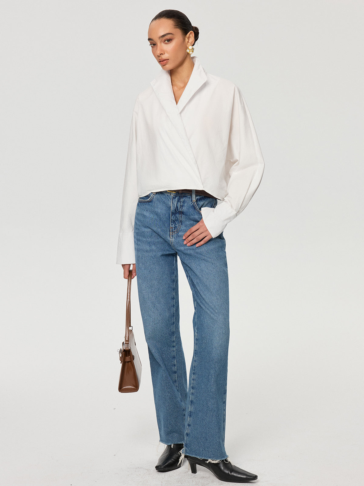 Cropped Stand Collar Cotton Shirt
