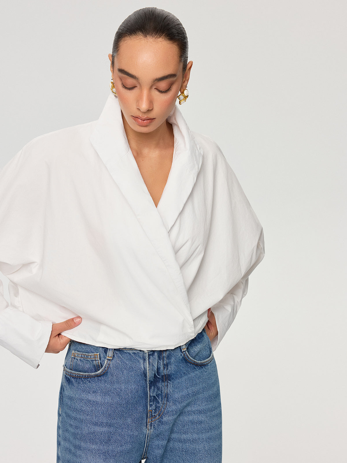 Cropped Stand Collar Cotton Shirt