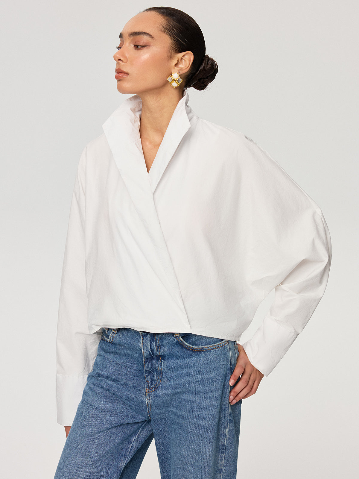 Cropped Stand Collar Cotton Shirt