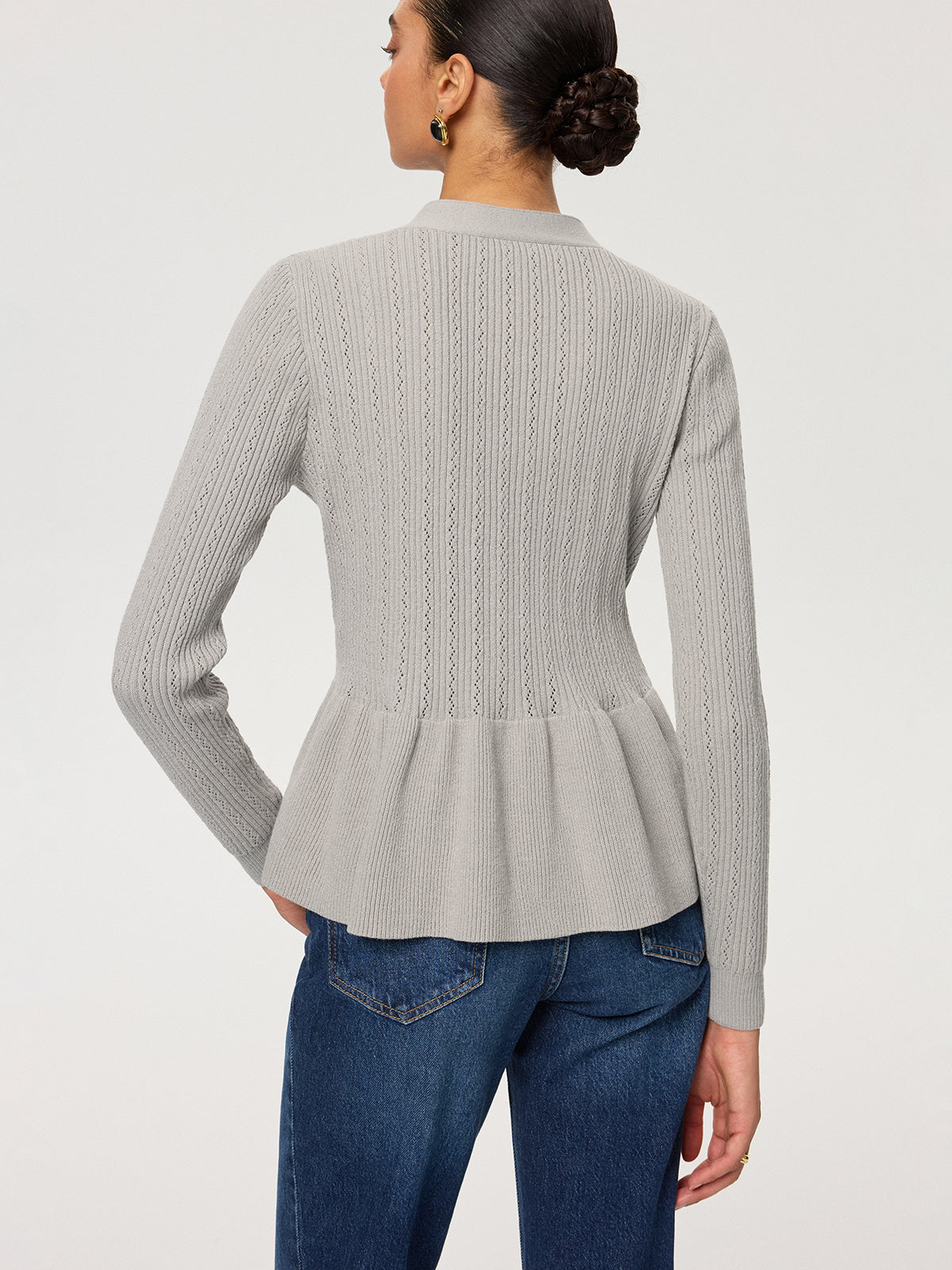 Metal Button V-Neck Peplum Knit Blouse