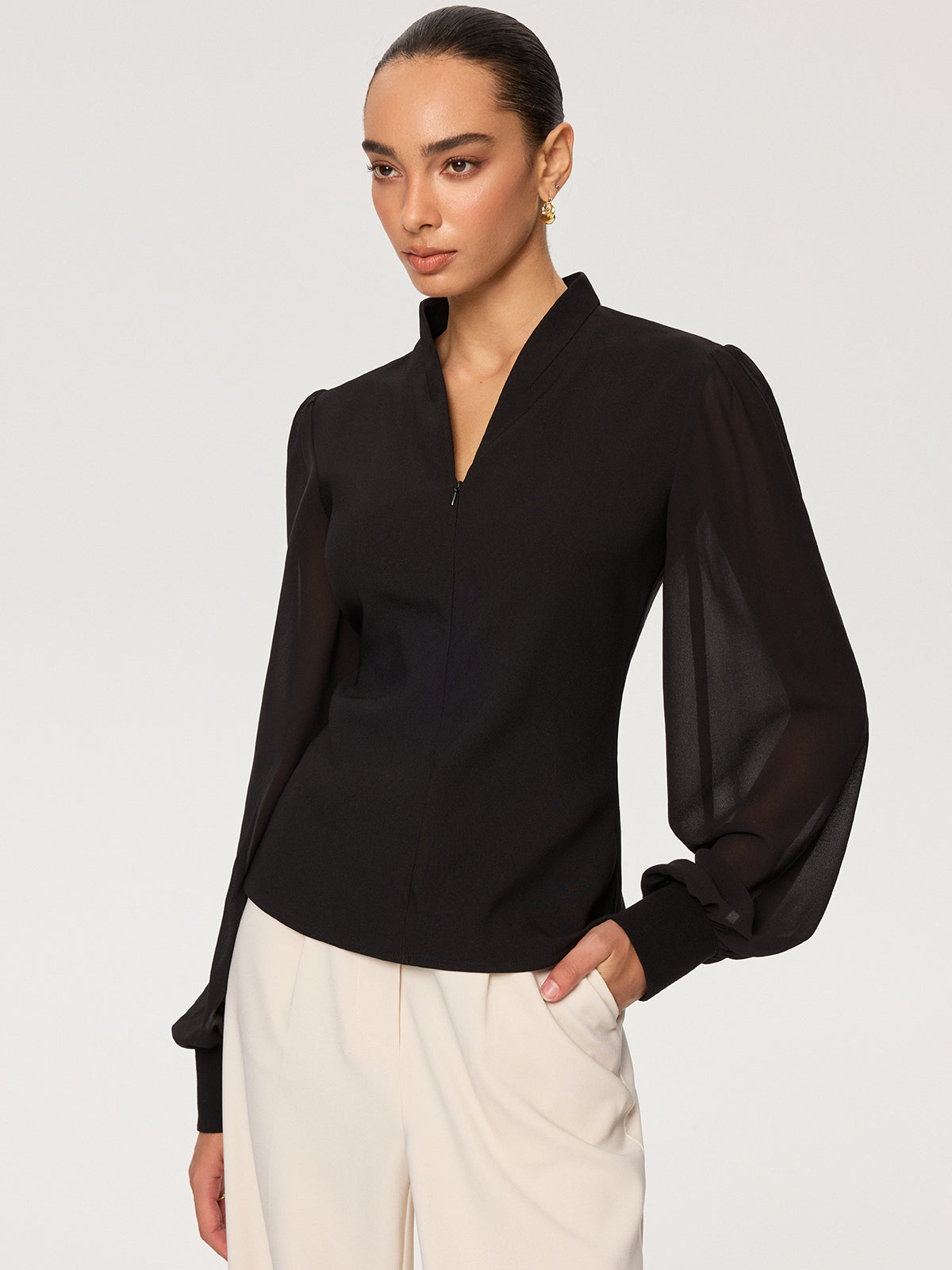 Zip Detail Chiffon Sleeves Blouse