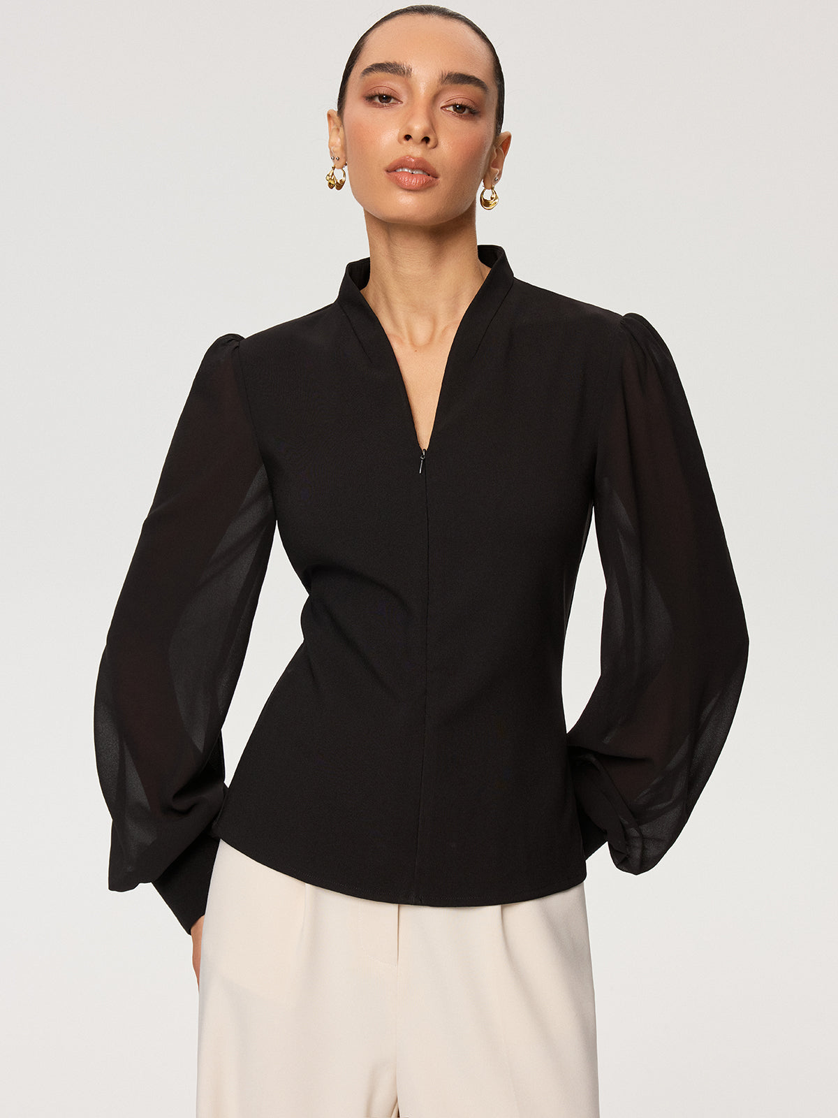 Zip Detail Chiffon Sleeves Blouse