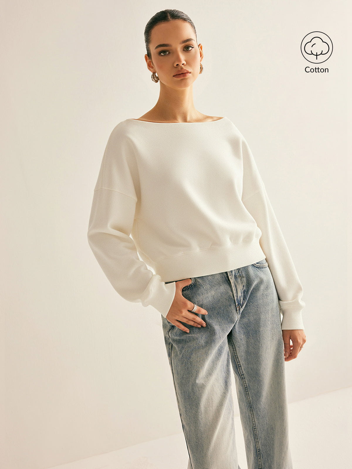 Schulterfreies, bauchfreies Sweatshirt mit Fleecefutter