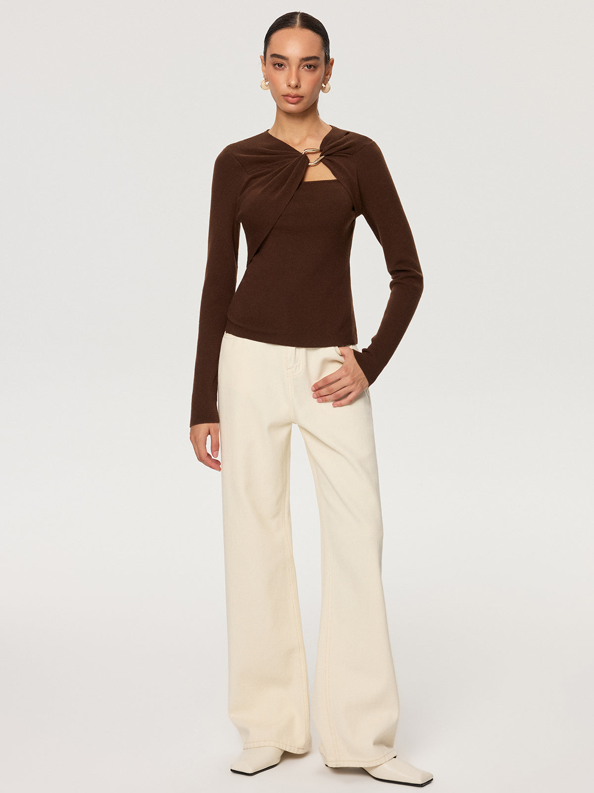 Metal Ring Detail Long Sleeve Knit Top