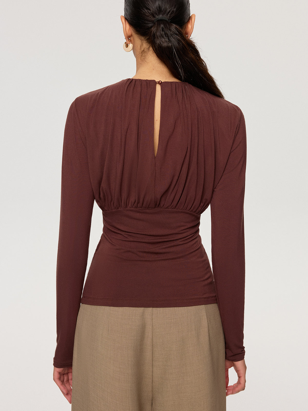 Ruched Long Sleeve Round Neck Knit Blouse