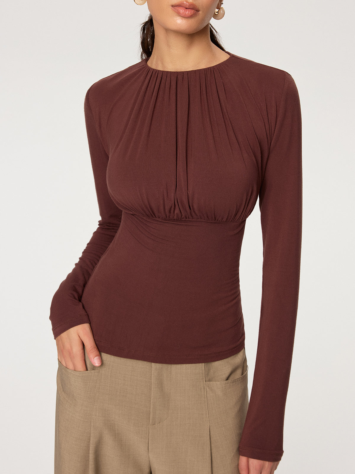 Ruched Long Sleeve Round Neck Knit Blouse