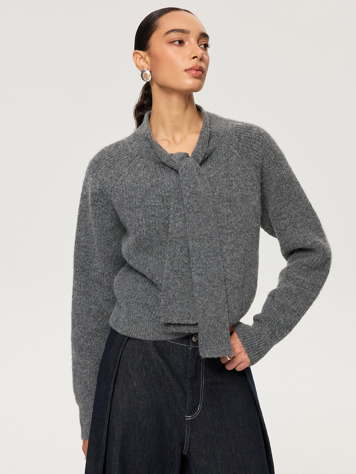 Tie-Neck Wool Blend Sweater