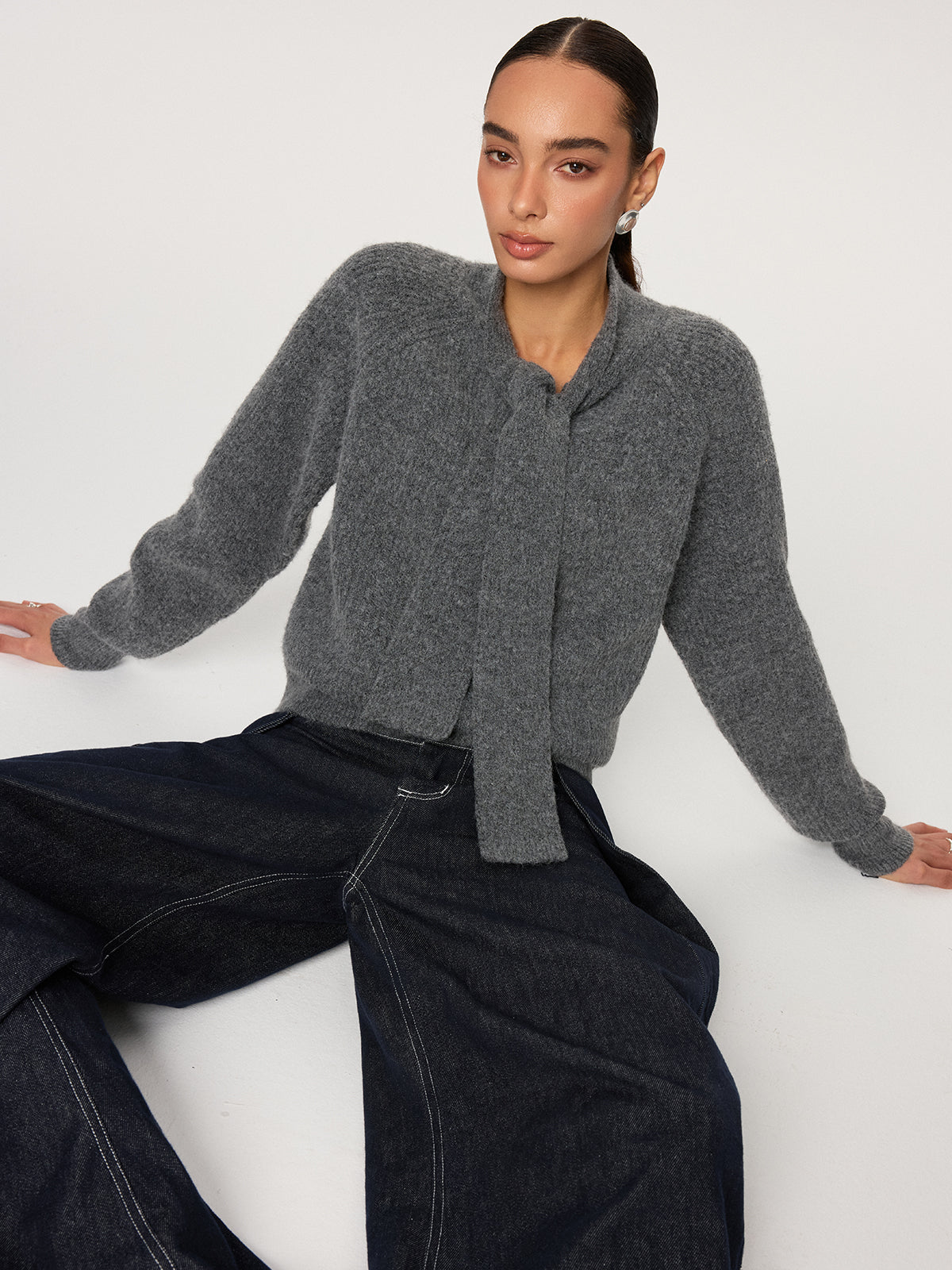 Tie-Neck Wool Blend Sweater