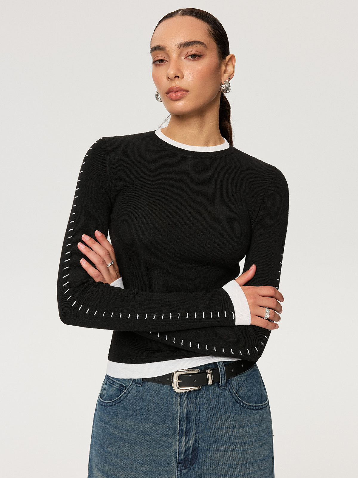 Contrast Stitch Wool-Blend Knit Top