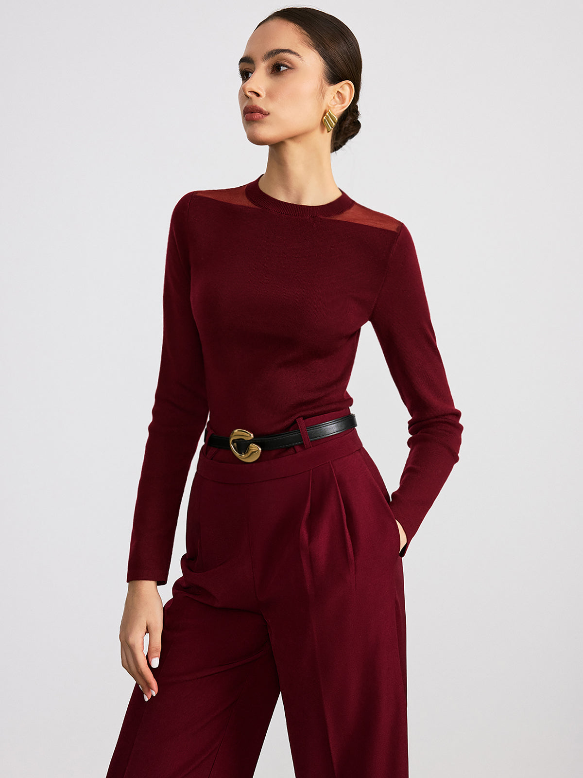 Sheer Paneled Wool Blend Knit Top