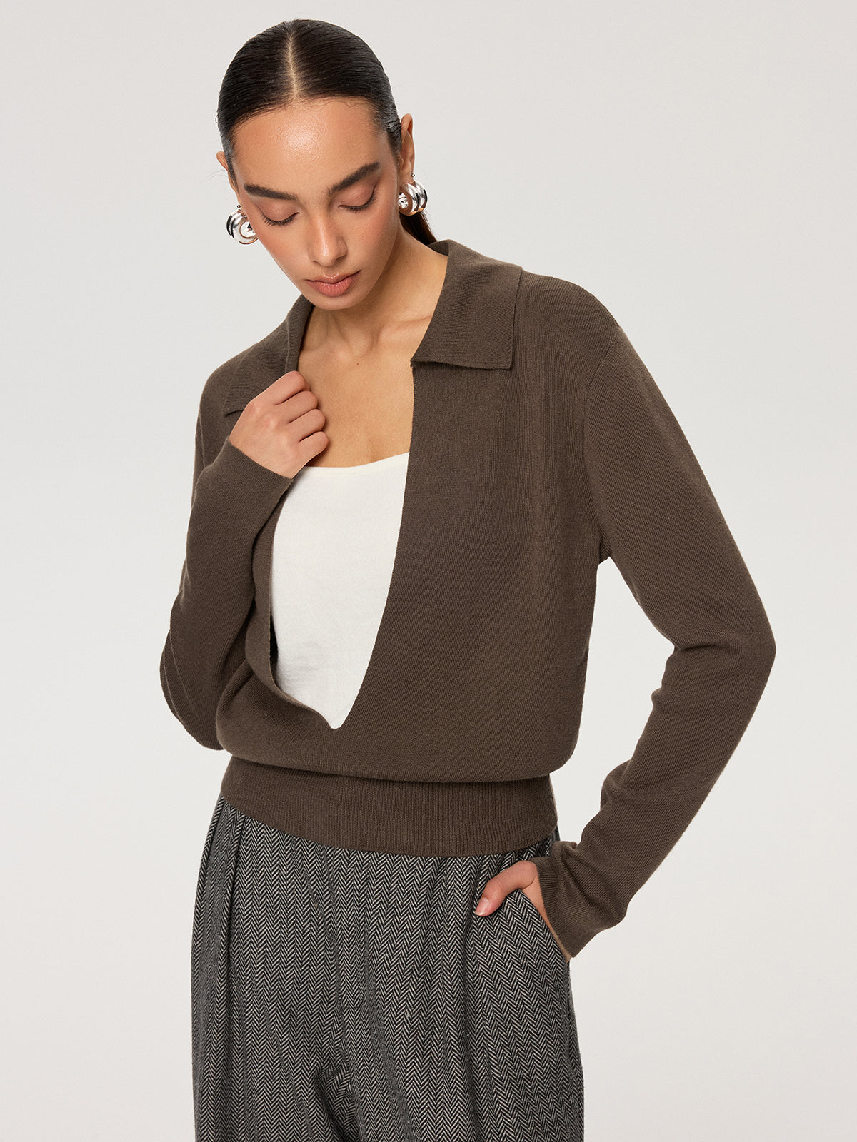 2 in 1 Color-Block Wool Blend Polo Collar Sweater