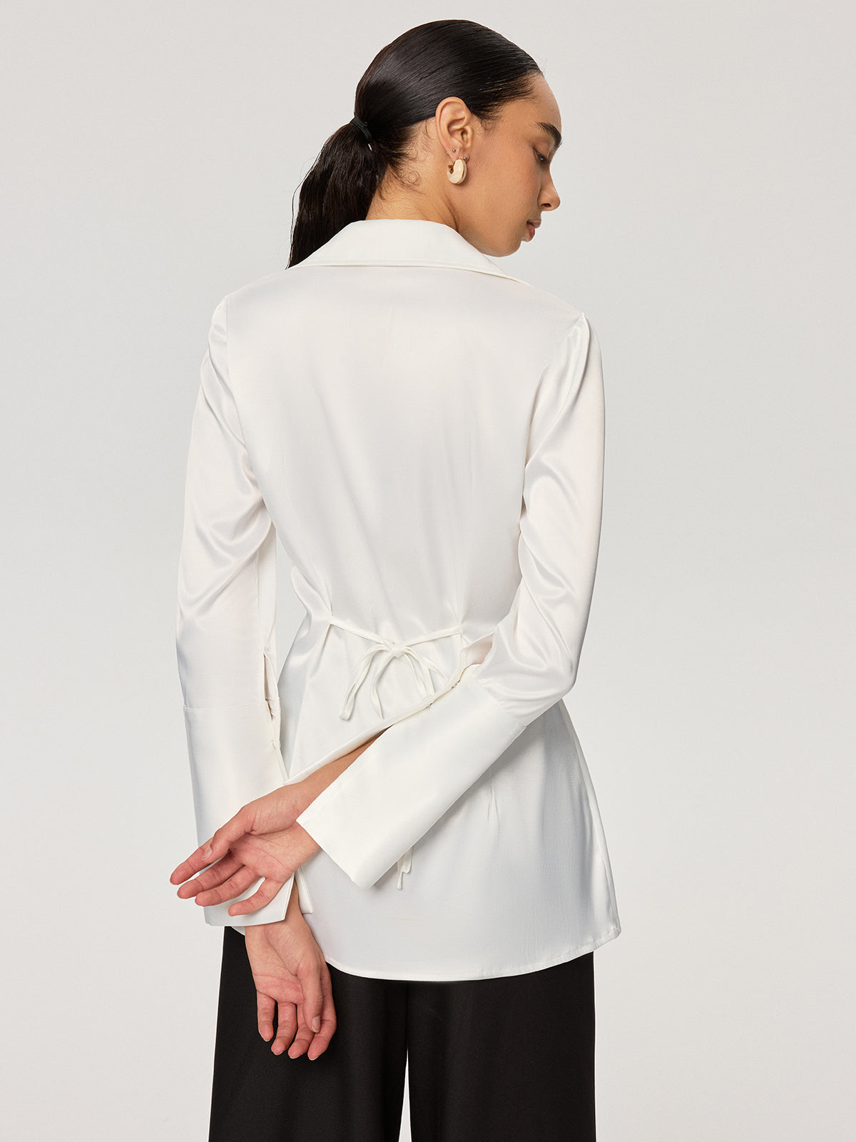 Metal Detail Cinching Satin V-Neck Blouse