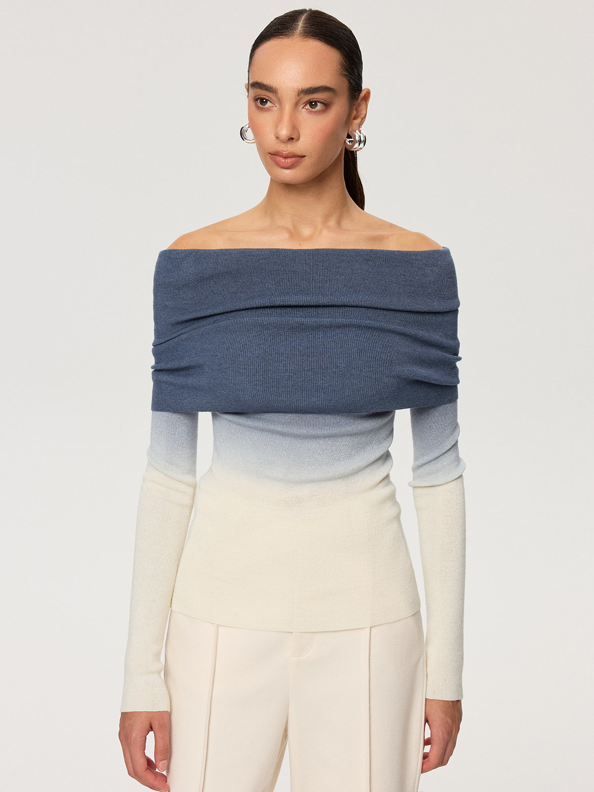 Off-Shoulder Ombre Wool Blend Knit Top