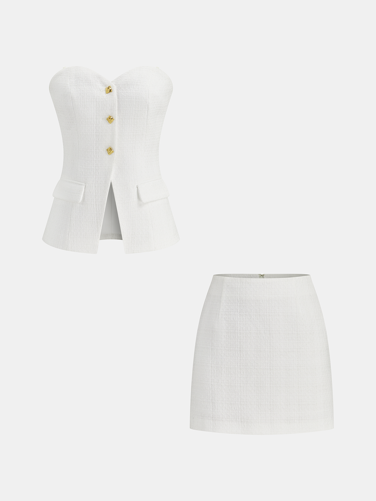 Ensemble haut bustier et mini-jupe en tweed