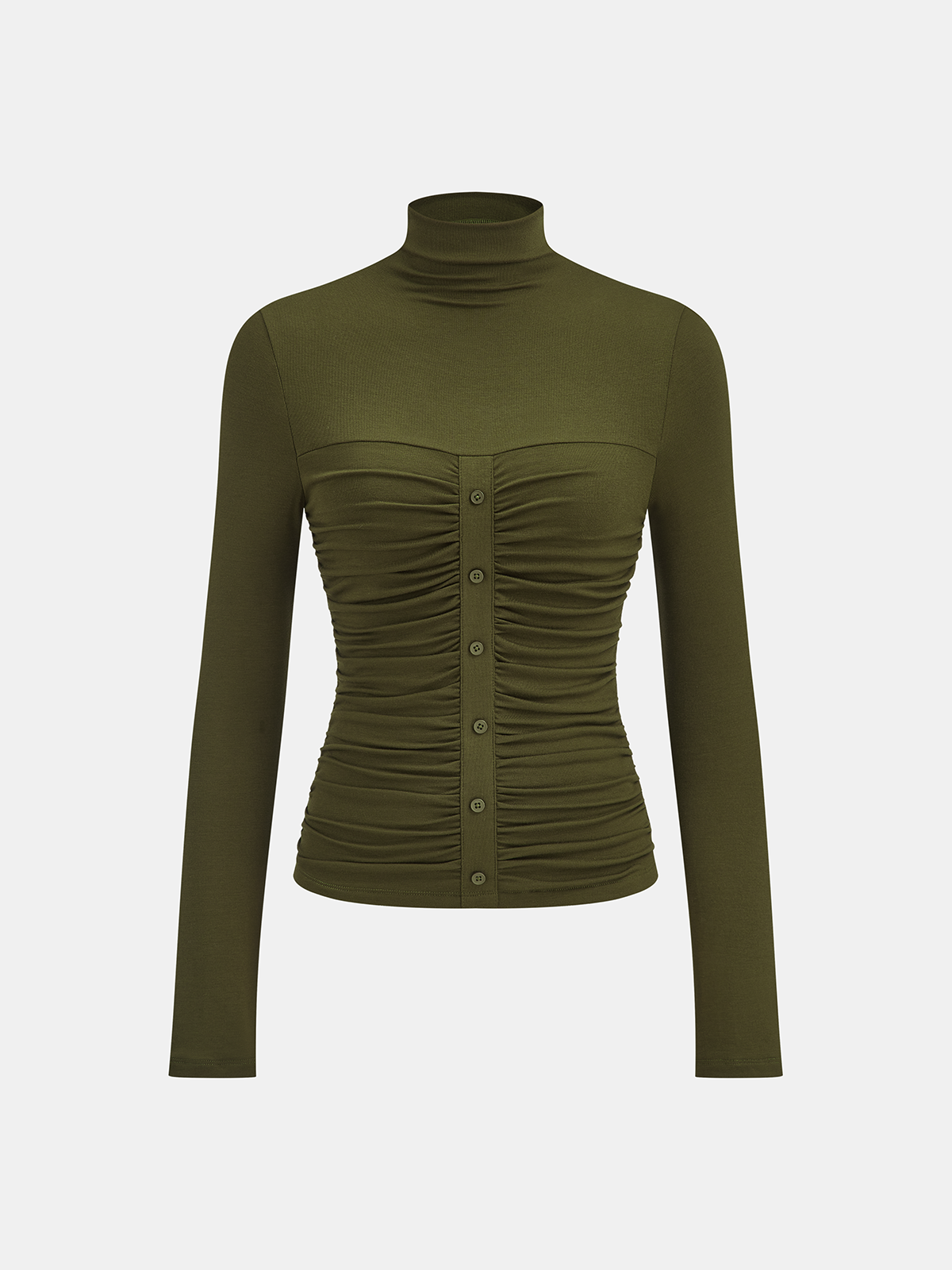 Turtleneck Ruched Decor Button Knit Top