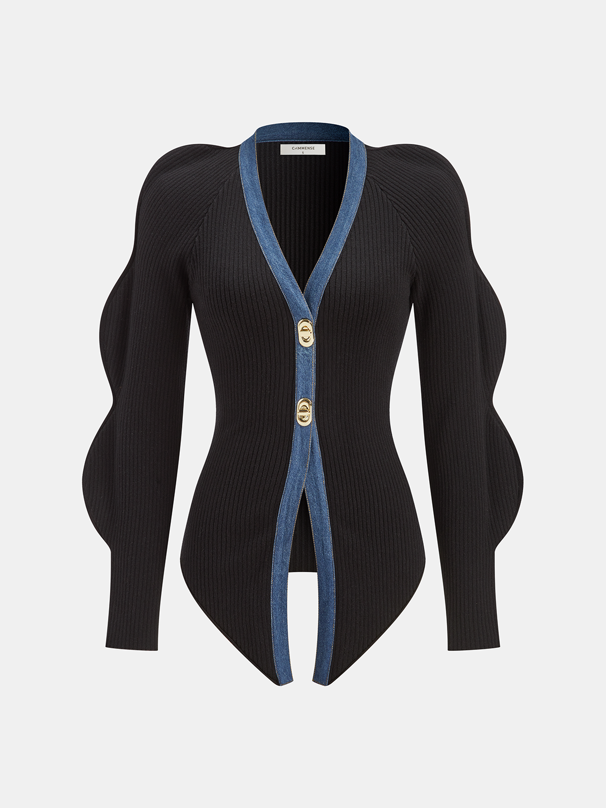 Scalloped Sleeve Denim Paneled Ribbed Cardigan