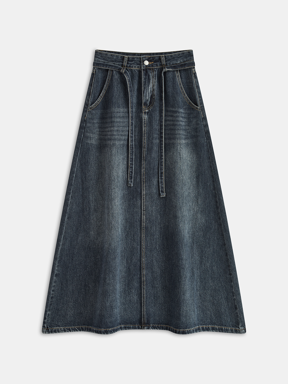 Vintage Washed Denim A-Line Midi Skirt