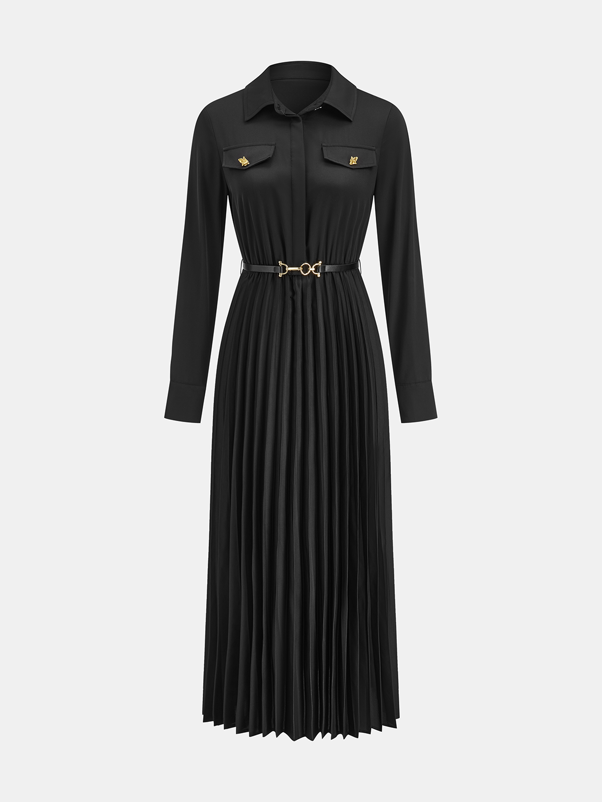 Plissiertes Langarm-Hemdblusenkleid mit Gürtel