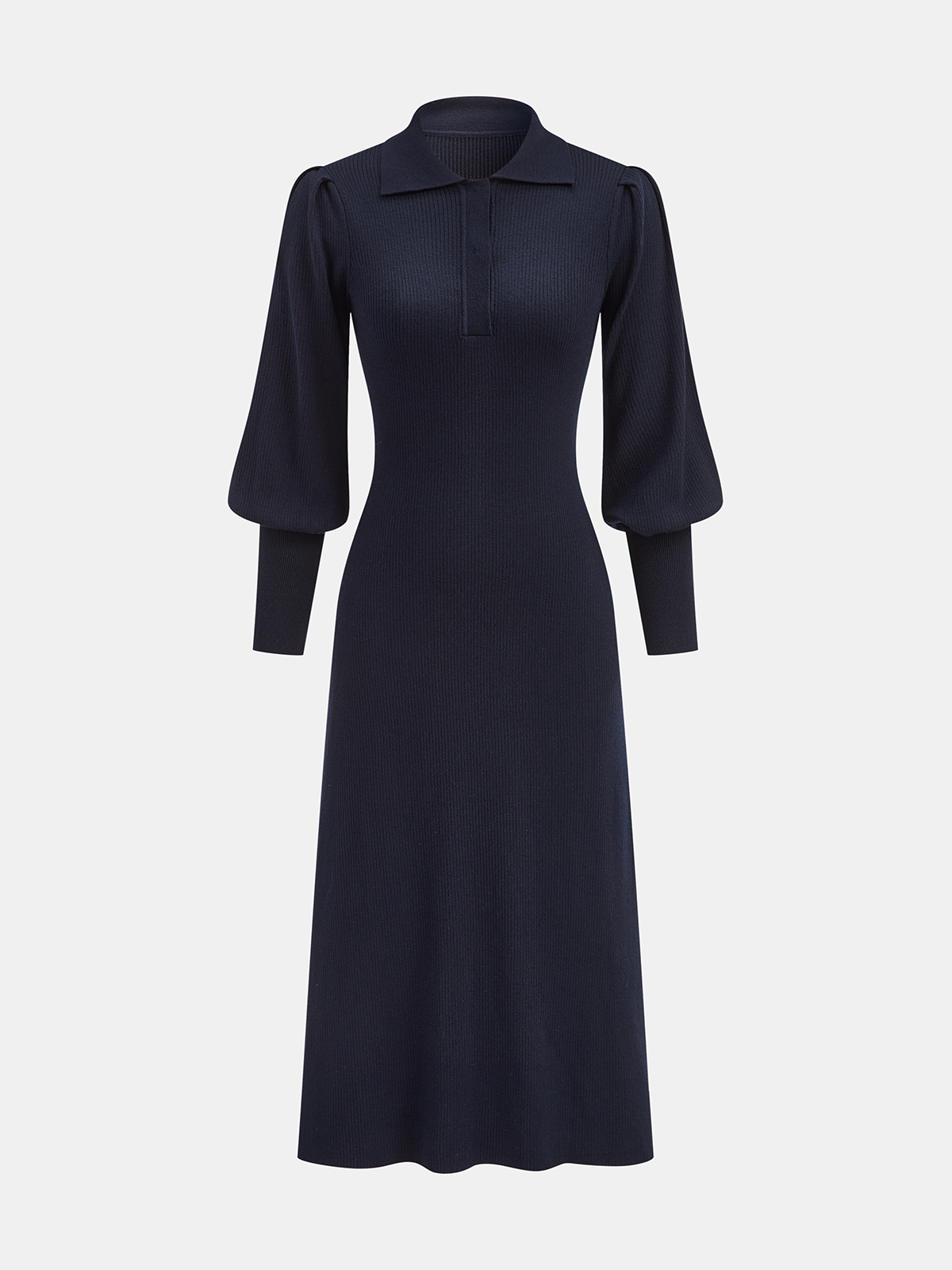 Leg-Of-Mutton Sleeve Wool Blend Collared Midi Dress