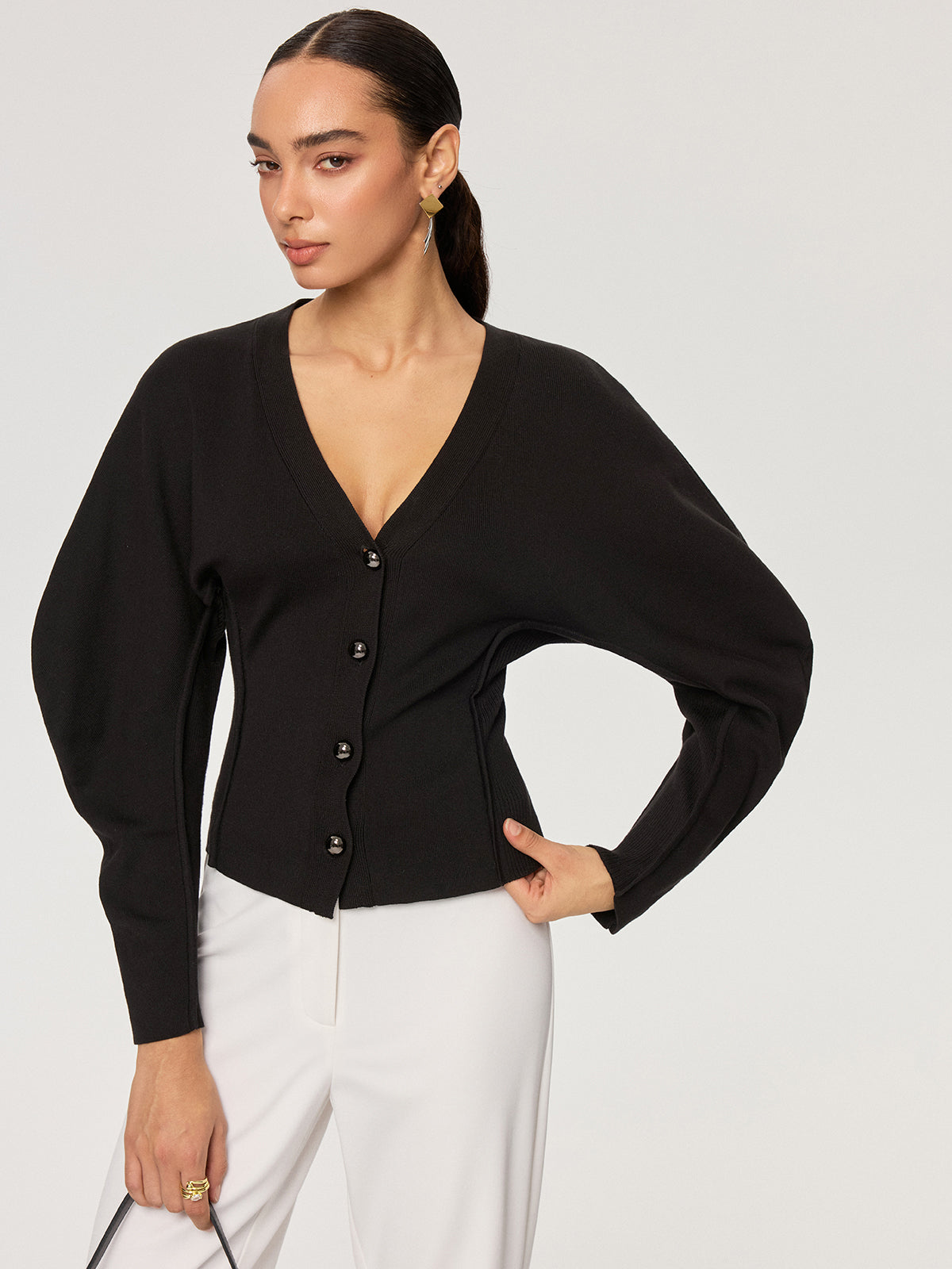 V-Neck Button-Front Puff Sleeve Cardigan
