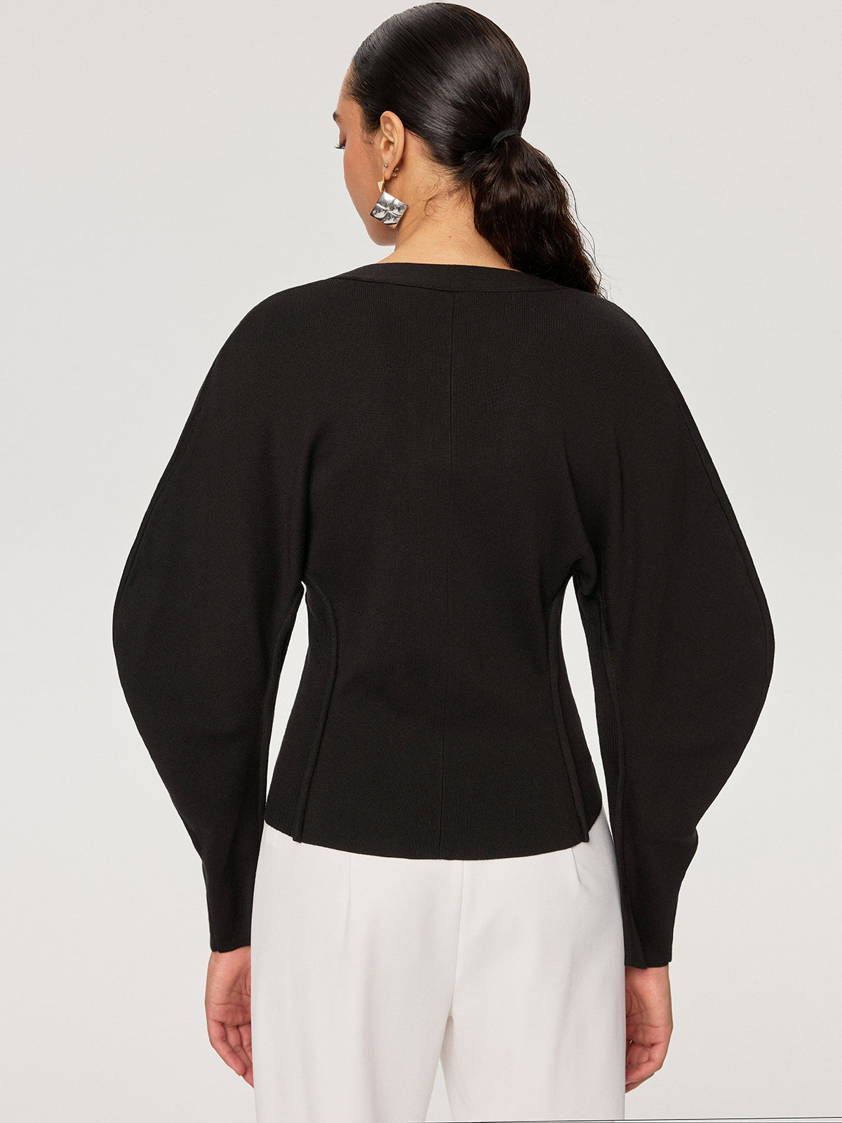 V-Neck Button-Front Puff Sleeve Cardigan