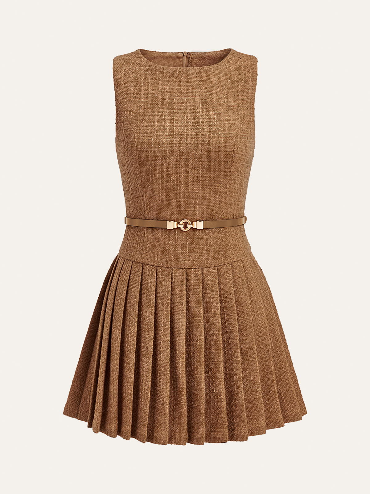 Robe mini plissée sans manches en tweed avec ceinture