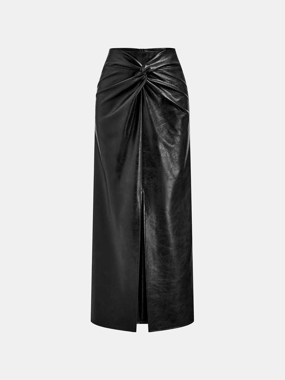 Knot Detail Slit Faux Leather Midi Skirt