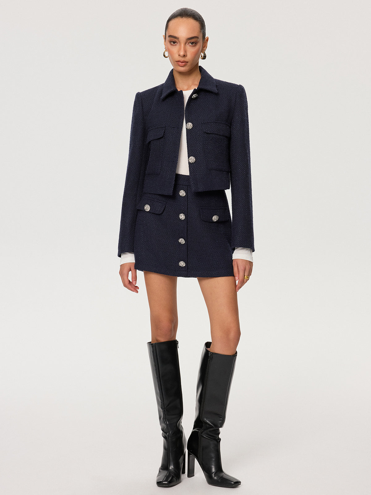 Tweed-Jacke mit Metallknöpfen und Kragen
