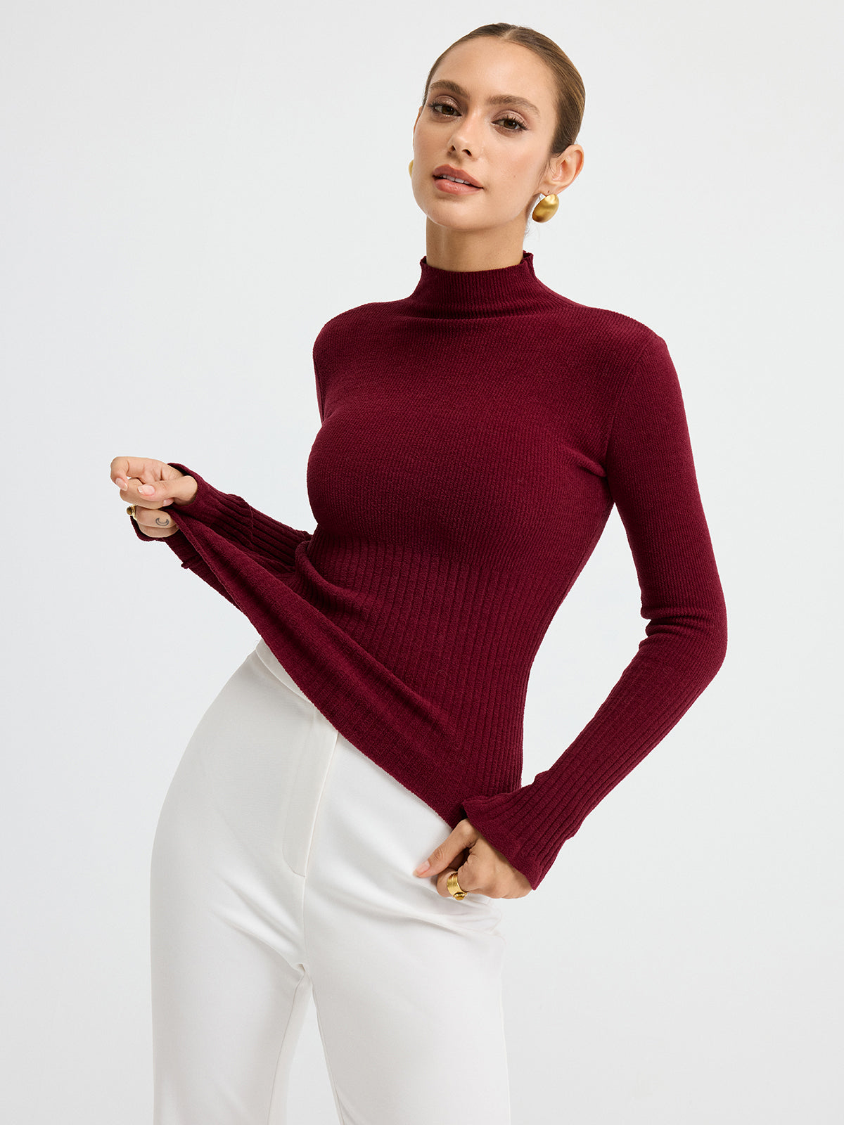 Slim Fit Mock Neck Ribbed Knit Top