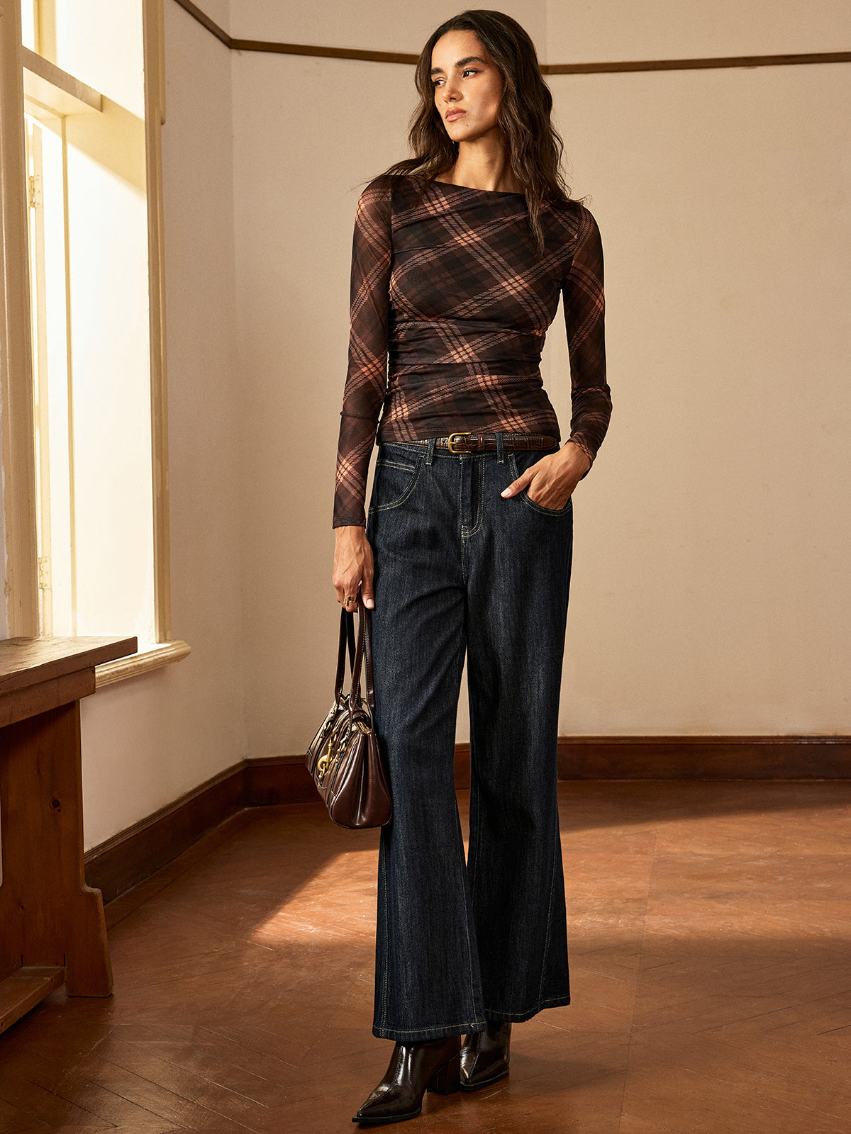 Plaid Mesh Ruched Long Sleeve Top