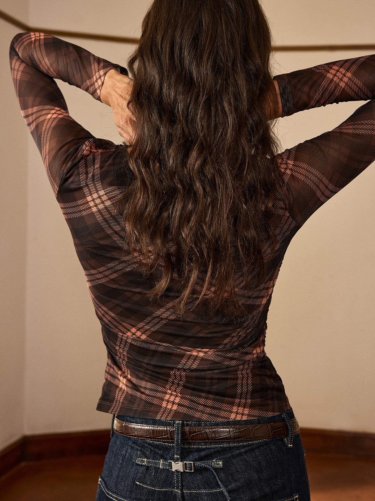 Plaid Mesh Ruched Long Sleeve Top