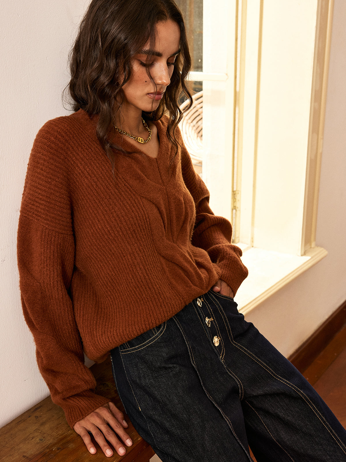 Wool Blend Textured Knit V-Neck Sweater