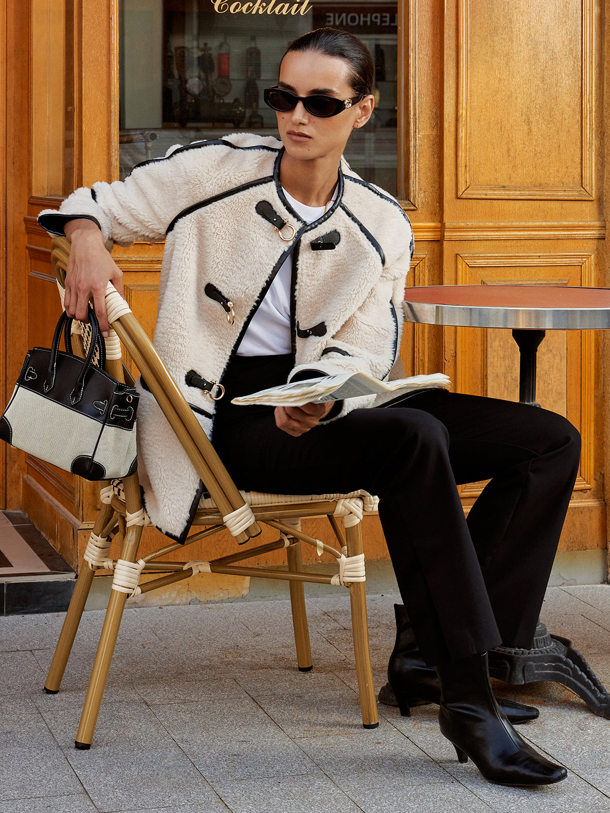 Buckle Detail Contrast Trim Faux Fur Coat