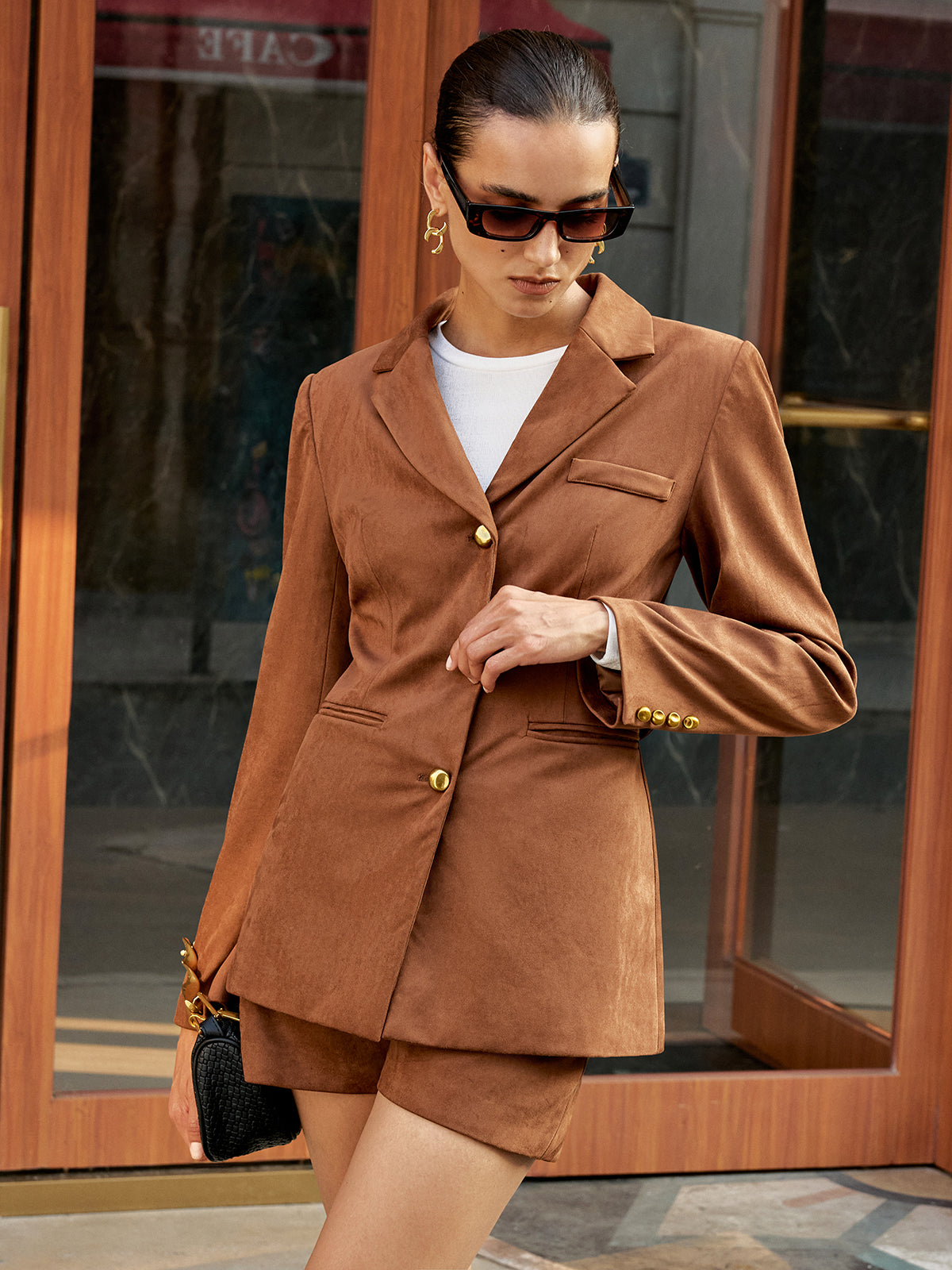 Metal Button Suede Effect Blazer