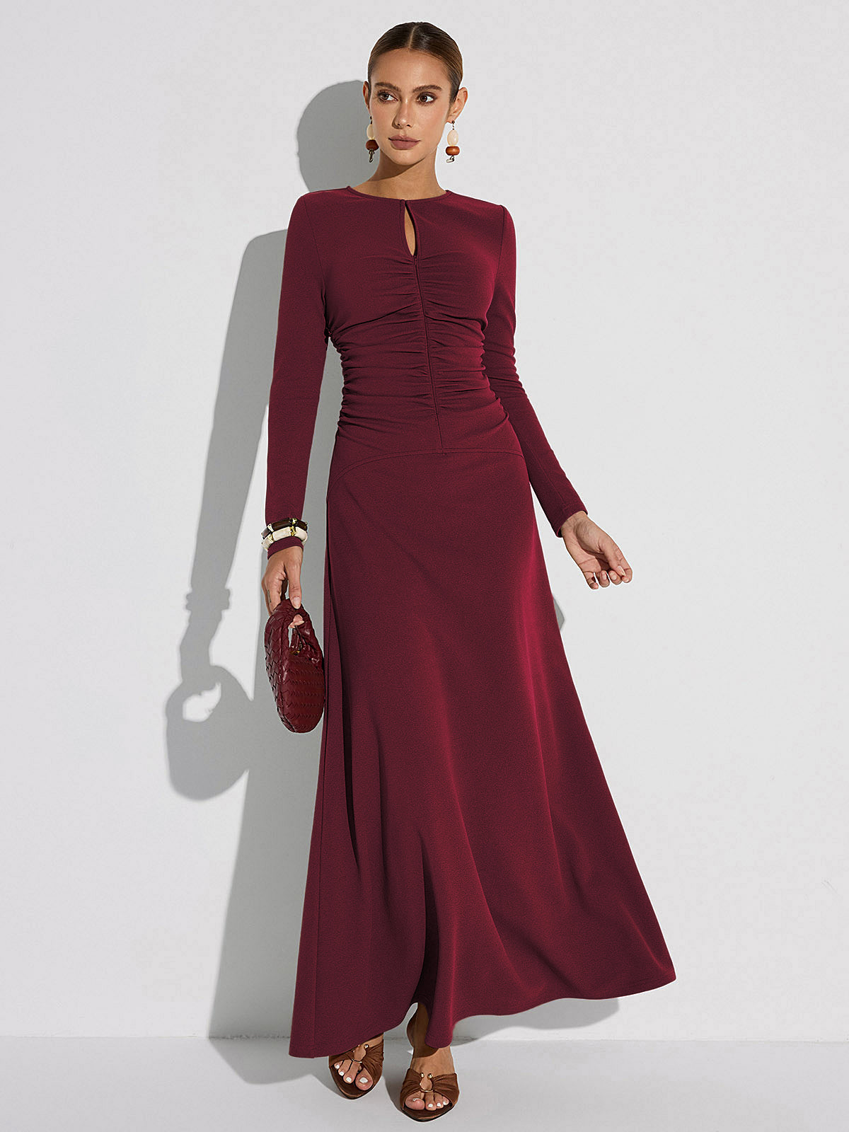 Zipper-Front Ruched Maxi Dress
