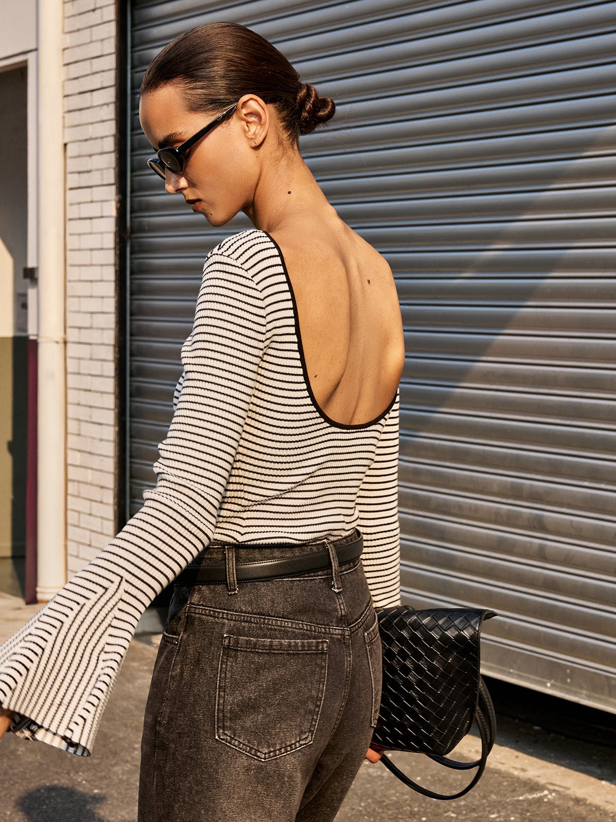 Flared Cuff Backless Striped Top