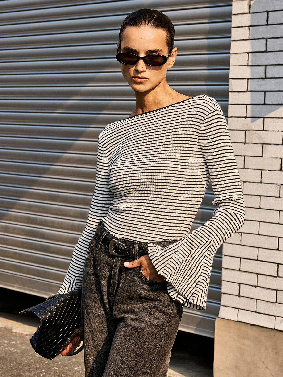 Flared Cuff Backless Striped Top