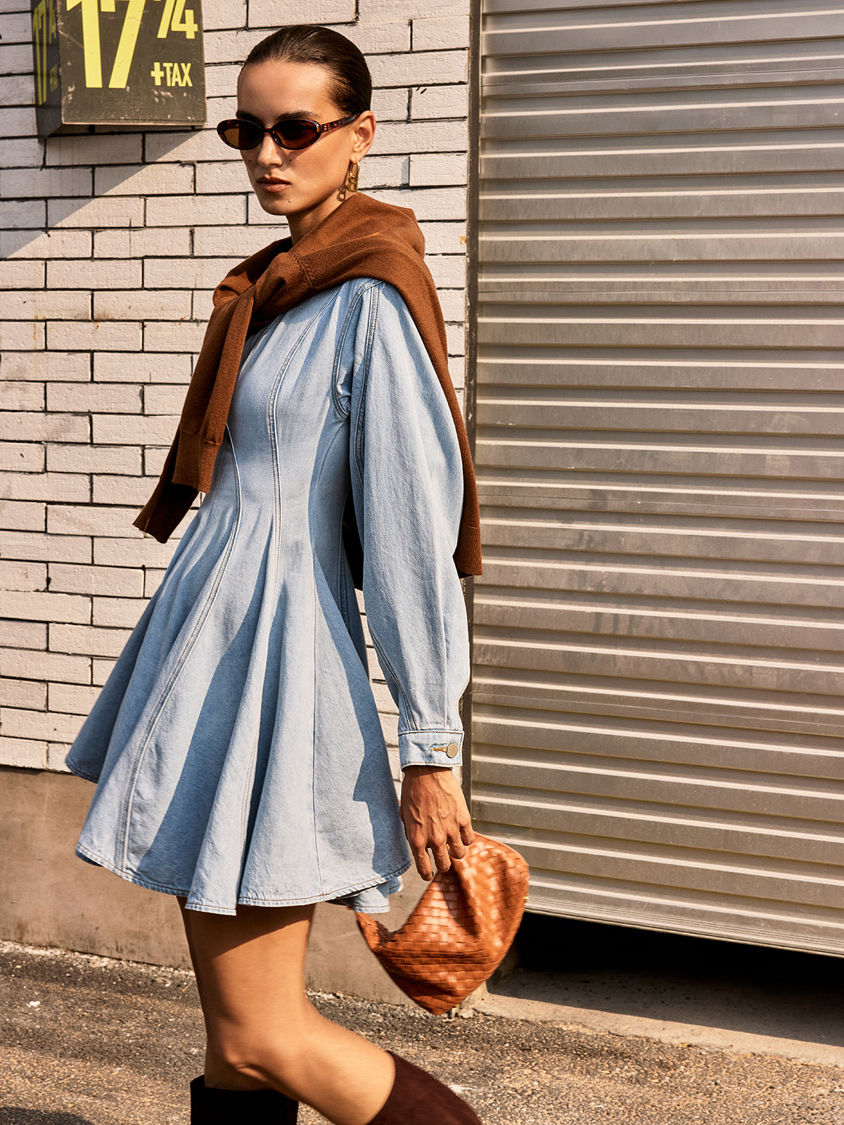 Robe évasée en jean à manches longues