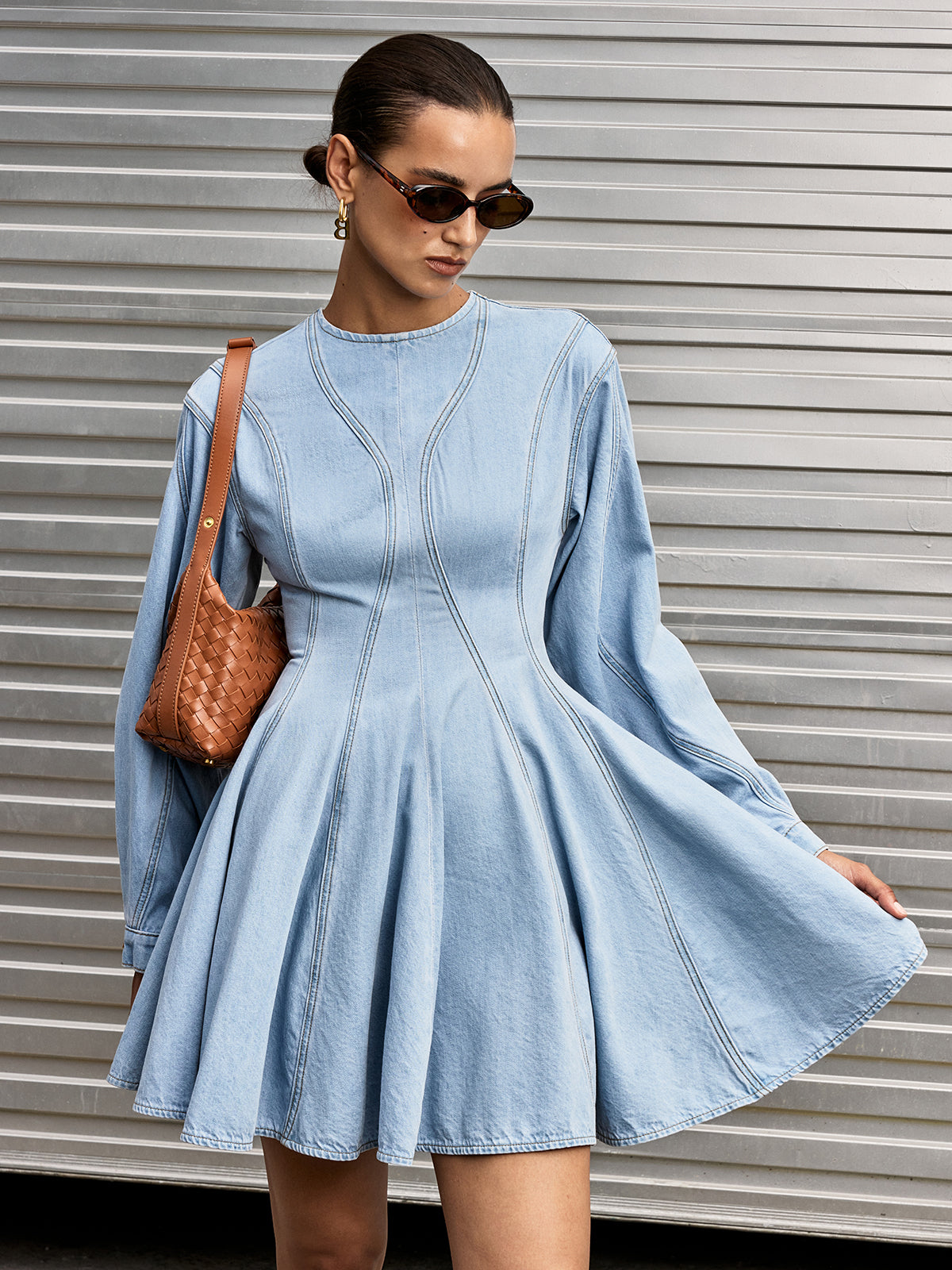Robe évasée en jean à manches longues