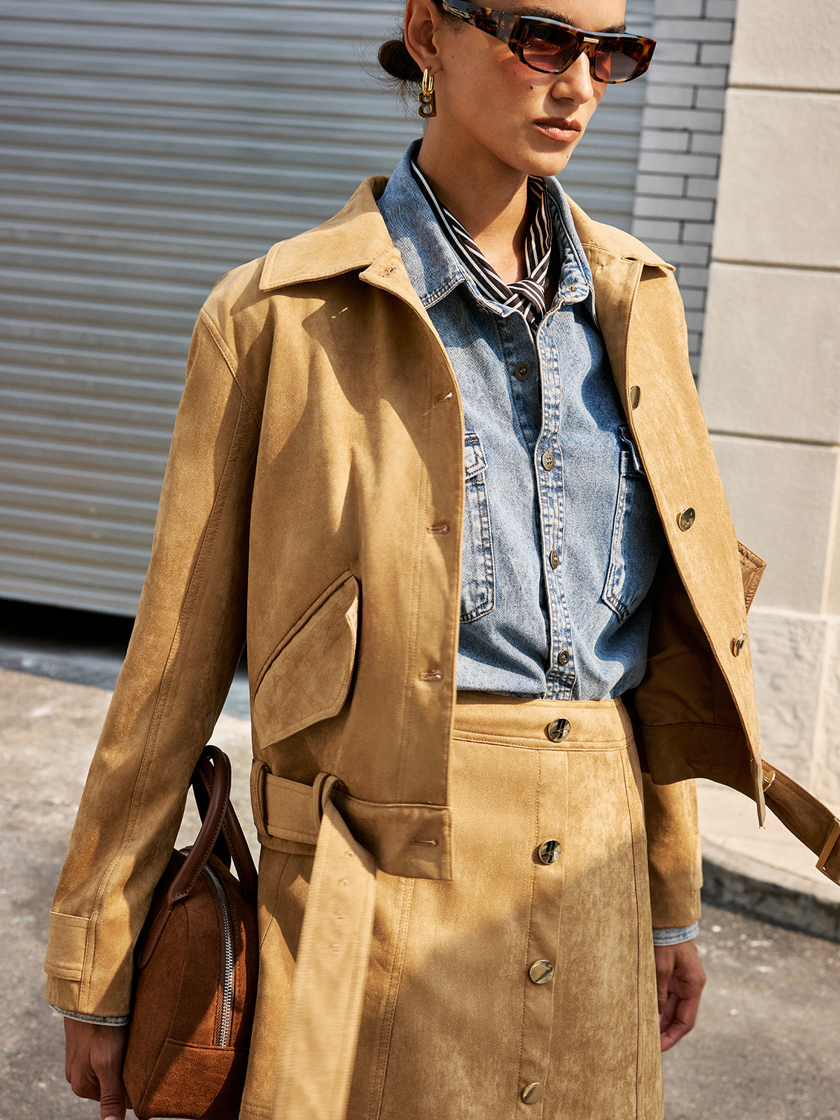 Belted Collared Suede Effect Jacket