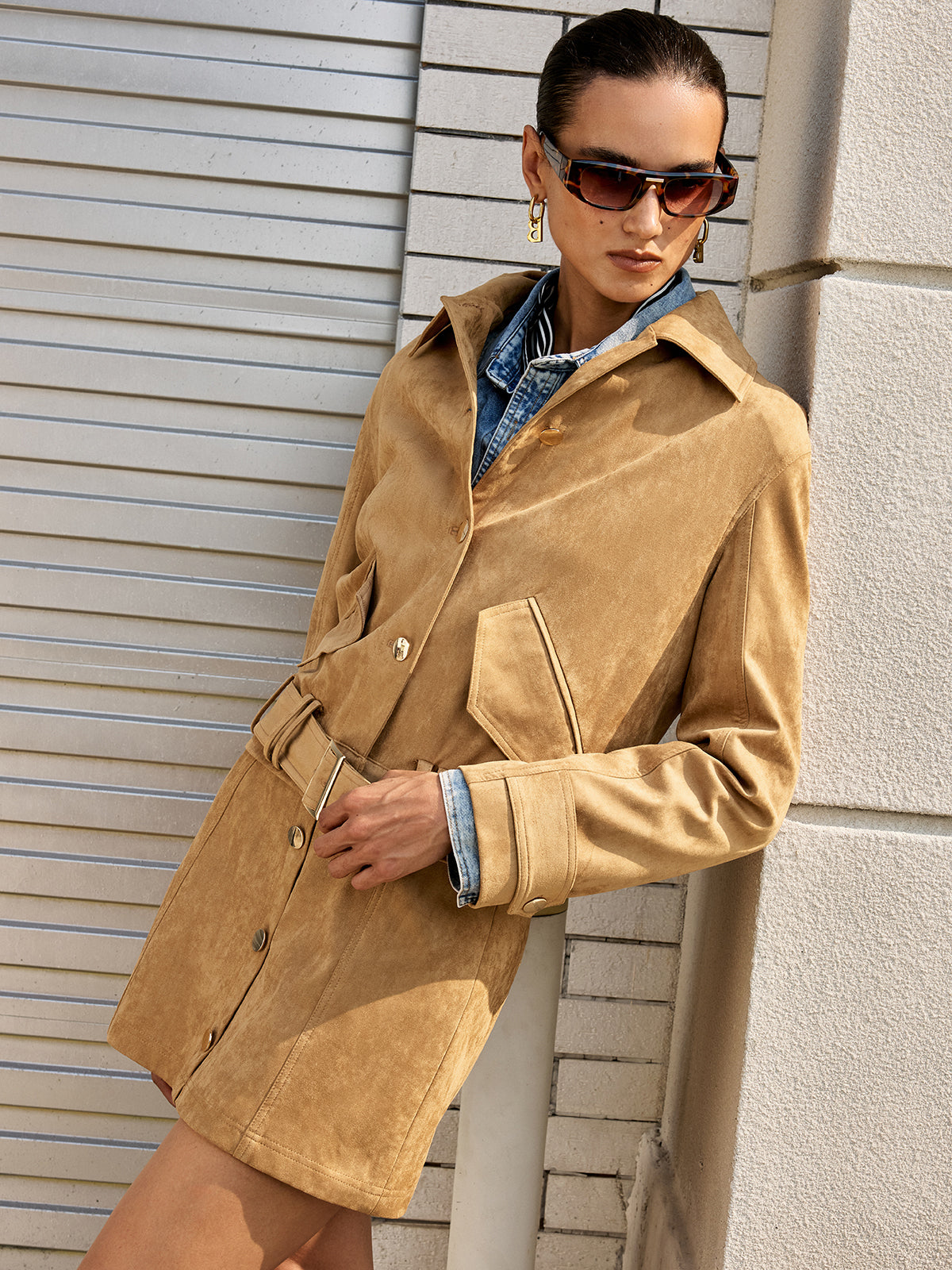 Belted Collared Suede Effect Jacket