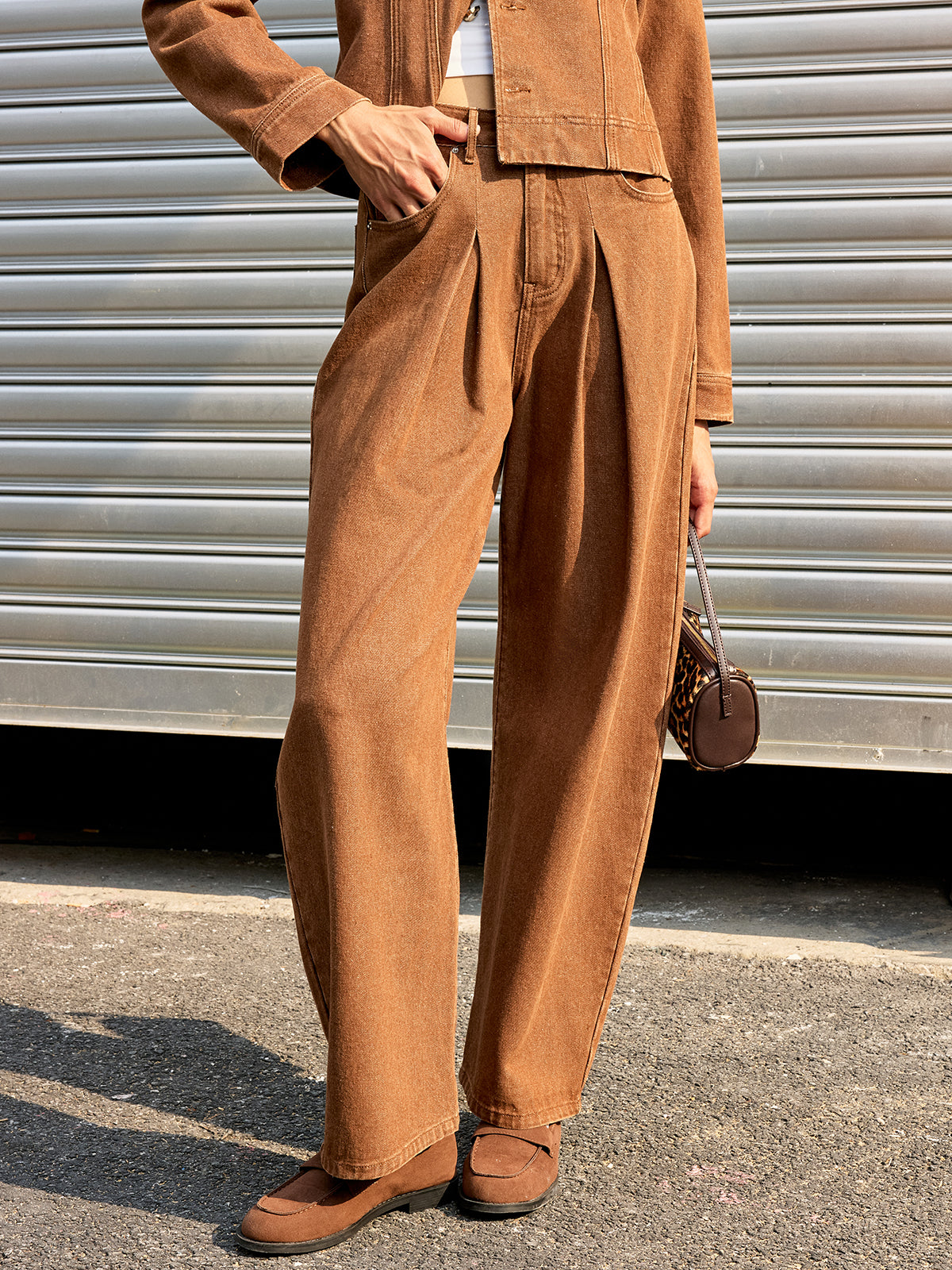Pantalon en jean taille mi-haute à jambe large