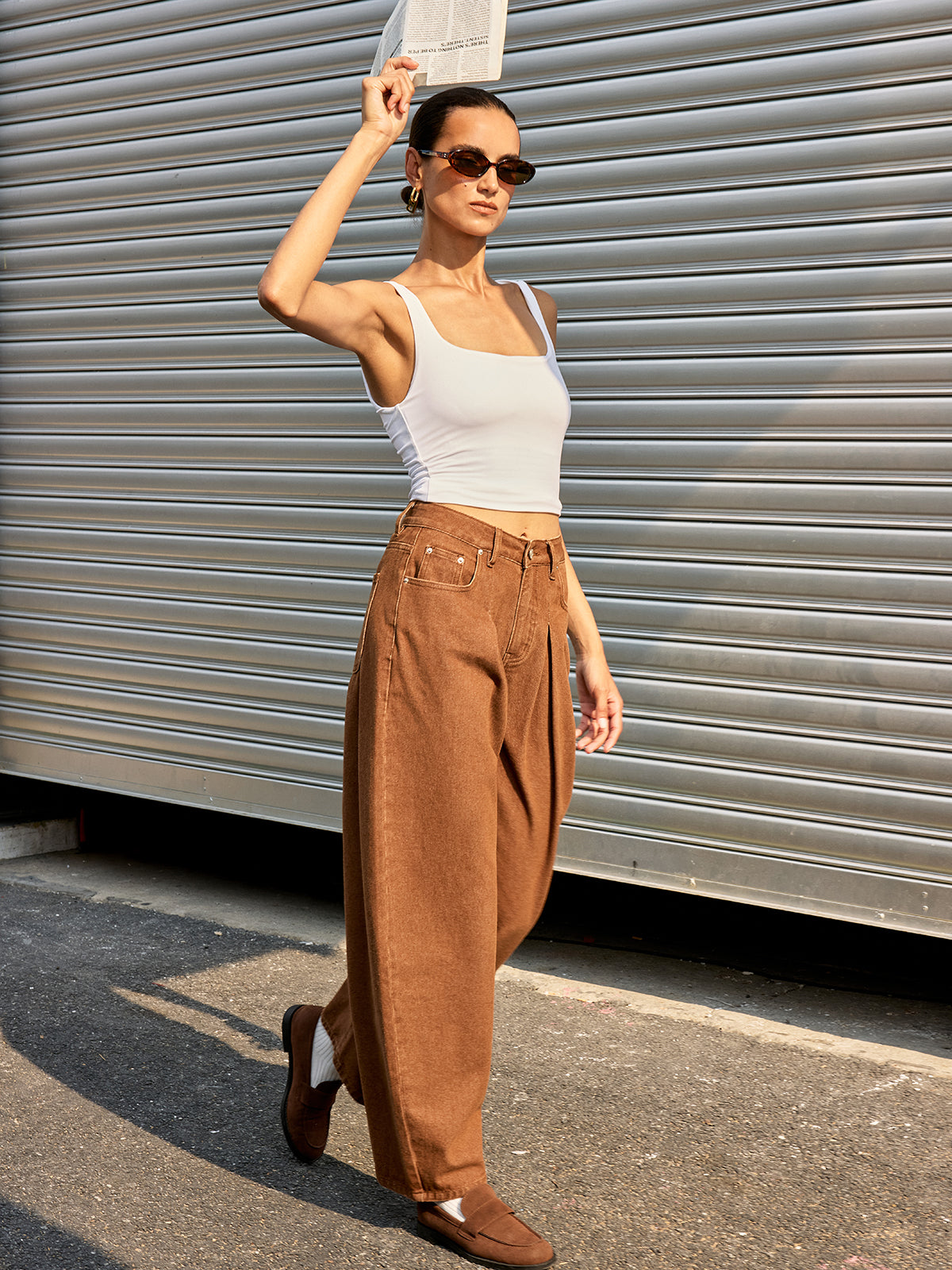 Pantalon en jean taille mi-haute à jambe large