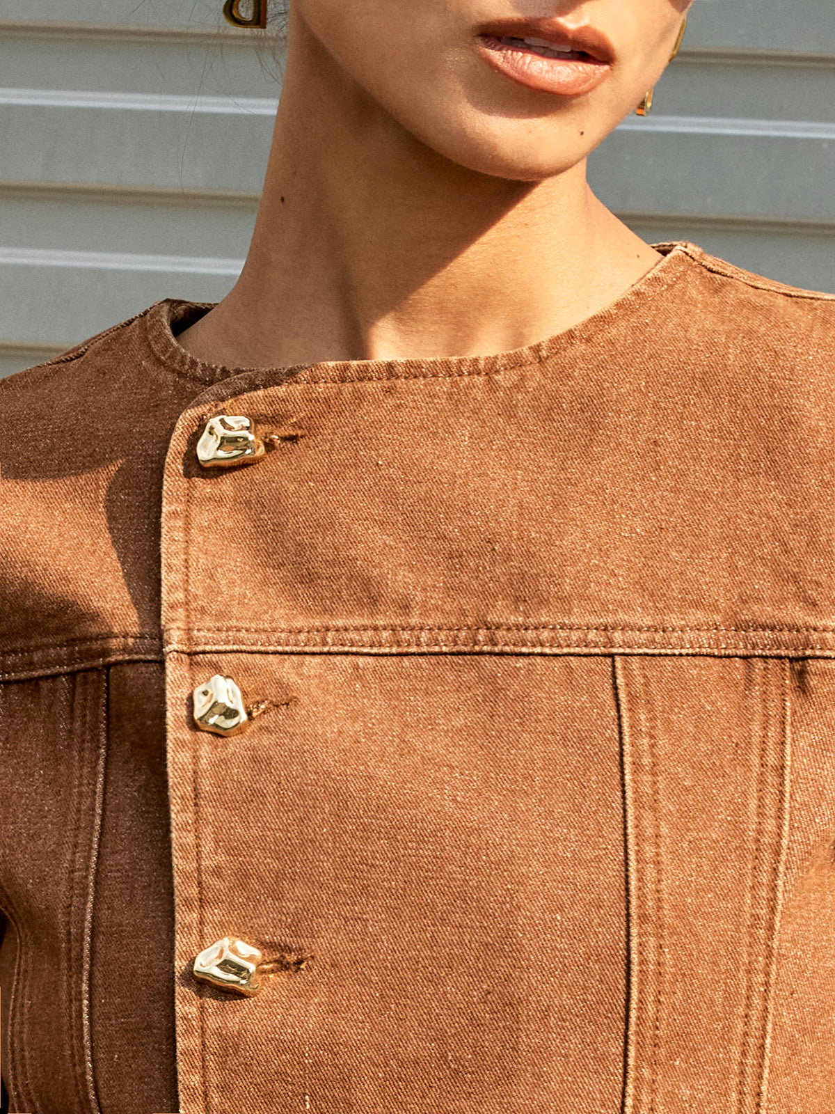 Metal Button Asymmetric Denim Jacket