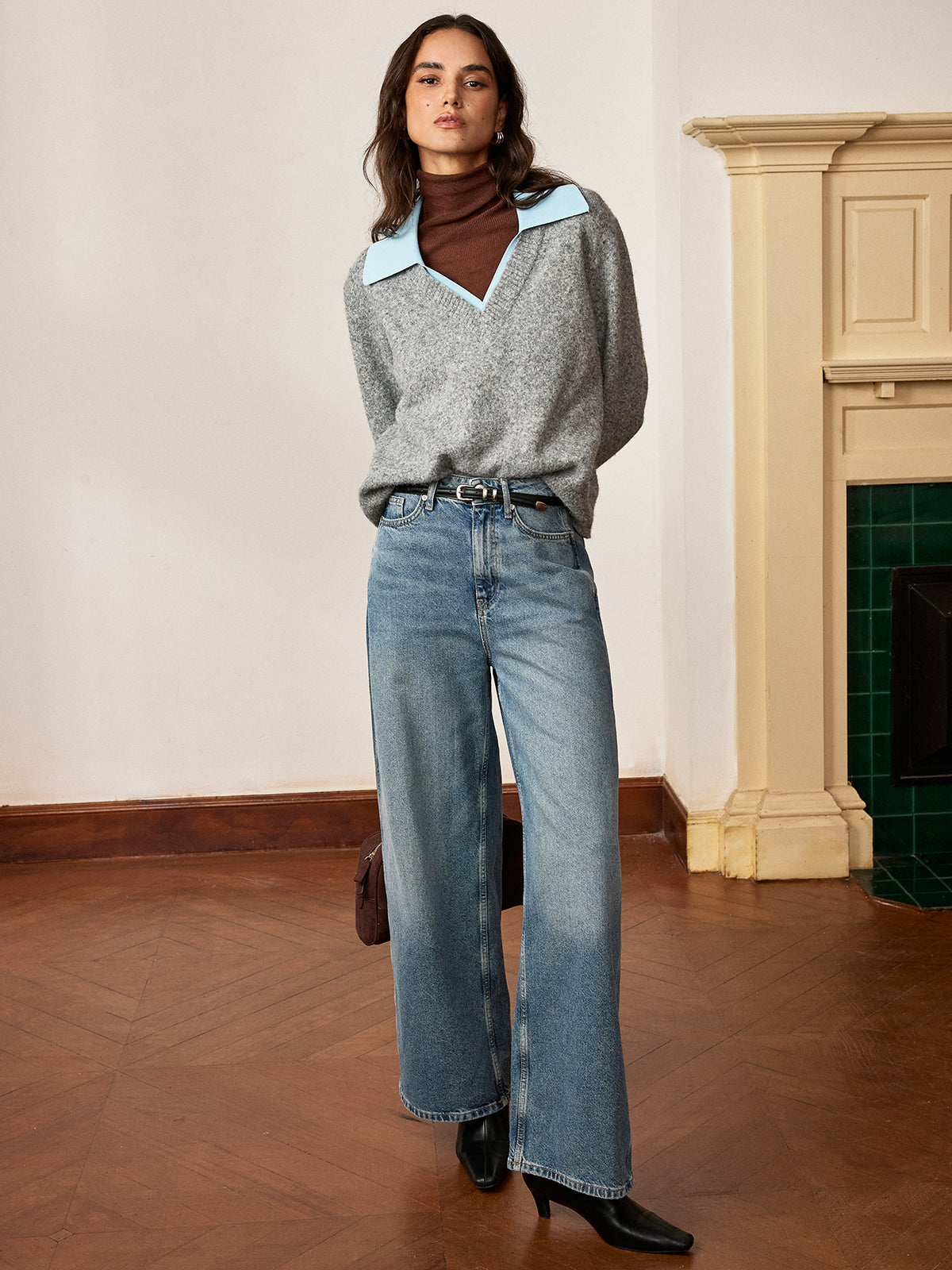 Pull en laine mélangée à col contrastant