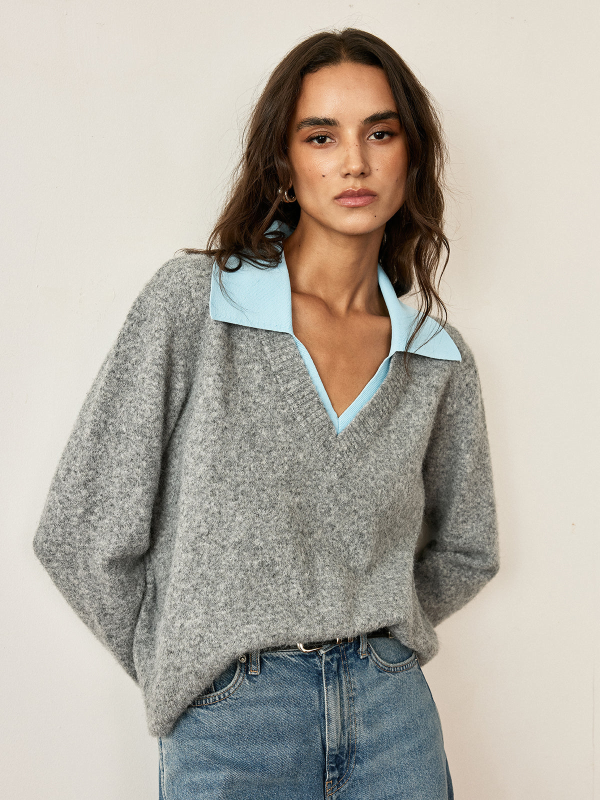 Pull en laine mélangée à col contrastant