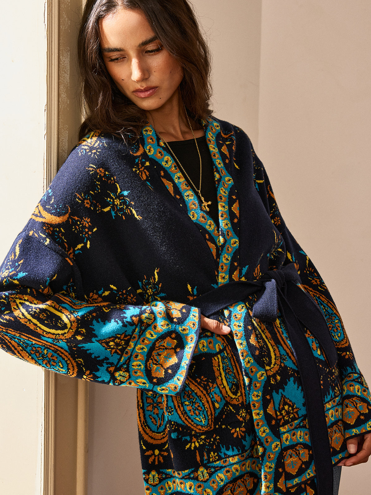 Paisley Print Belted Cardigan