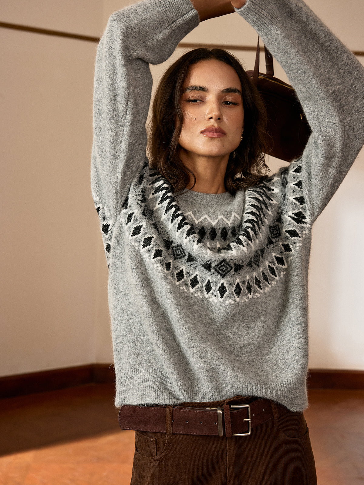 Fair Isle Pattern Crew Neck Knit Sweater