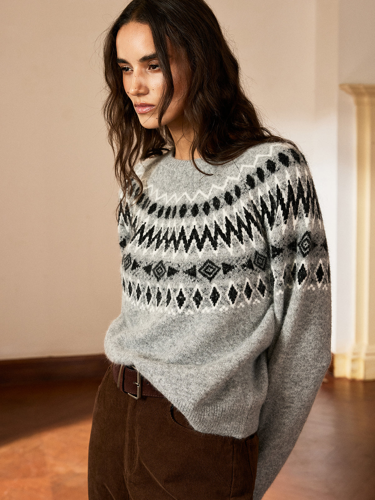 Fair Isle Pattern Crew Neck Knit Sweater