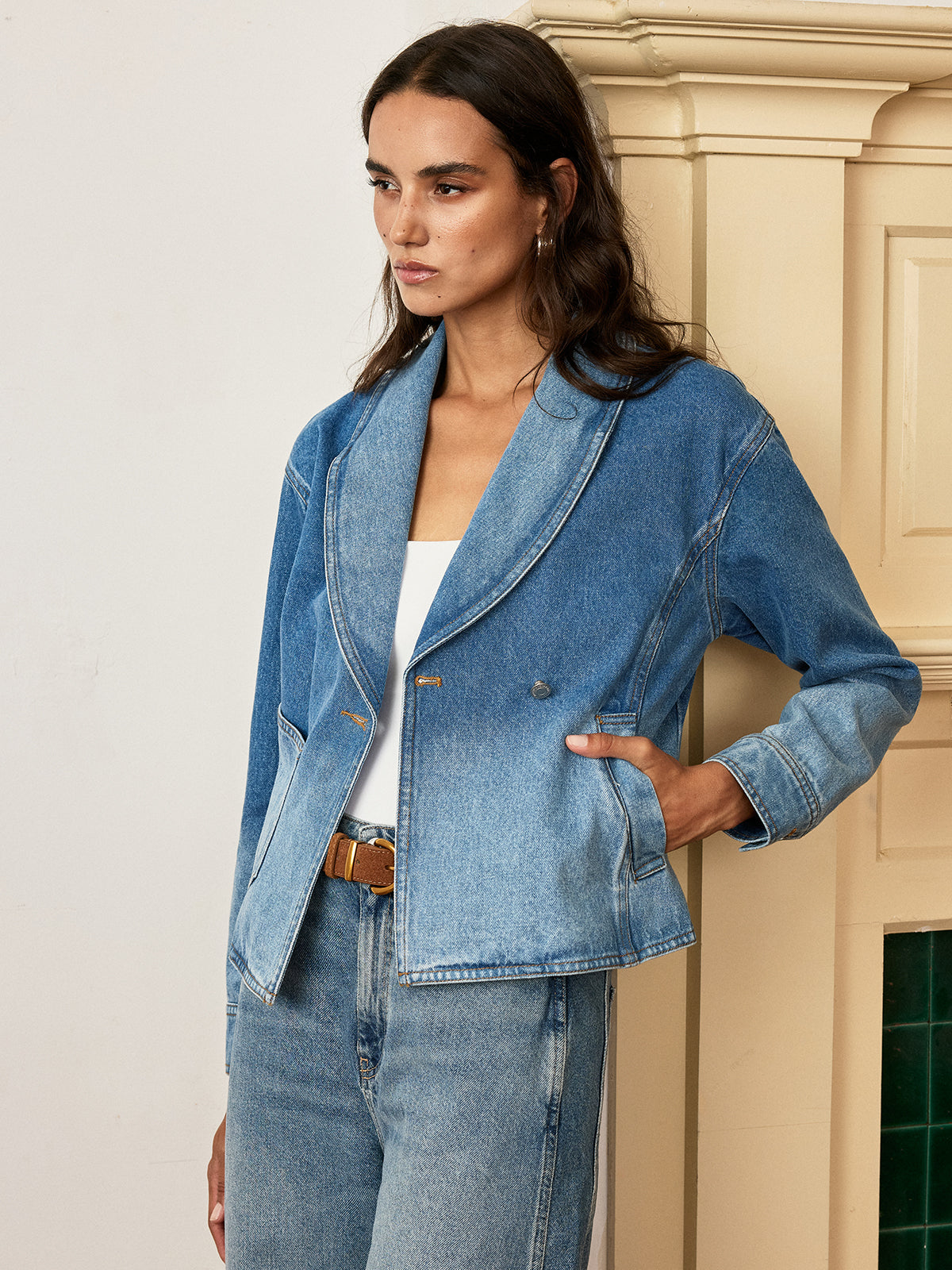 Shawl Collar Washed Denim Jacket